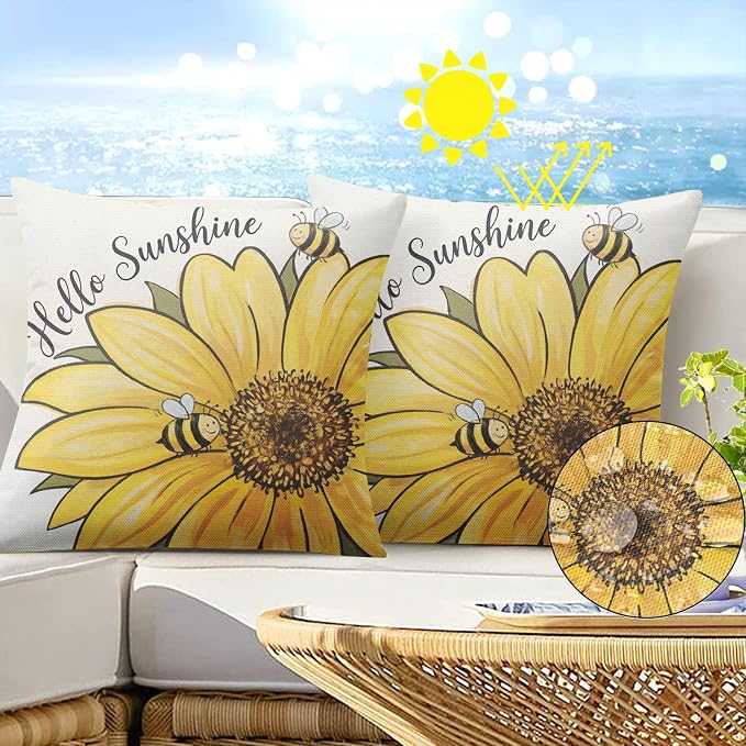 Outdoor Throw Pillow Covers, Bee Sunflower, 18 x 18 inch, Set of 2 | Waterproof 18 x 18 inch square cushion case pillowcase farmhouse garden decorative pillows for couch beach patio