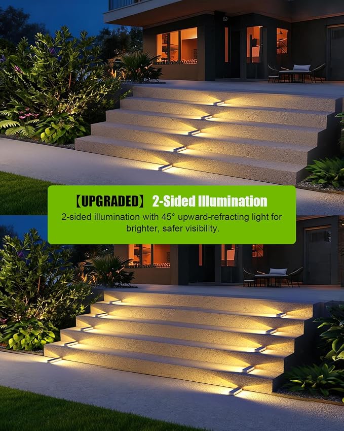 DetarZinLED Solar Step Lights, 12 LEDs 2-Sided Glow, IP68 8 Pack Warm White | IP68 Waterproof, Solar Powered, Auto ON/OFF, Stick on, Sturdy Polycarbonate Shell, for Outdoor Dock, Deck, Flat, Stair, Porch