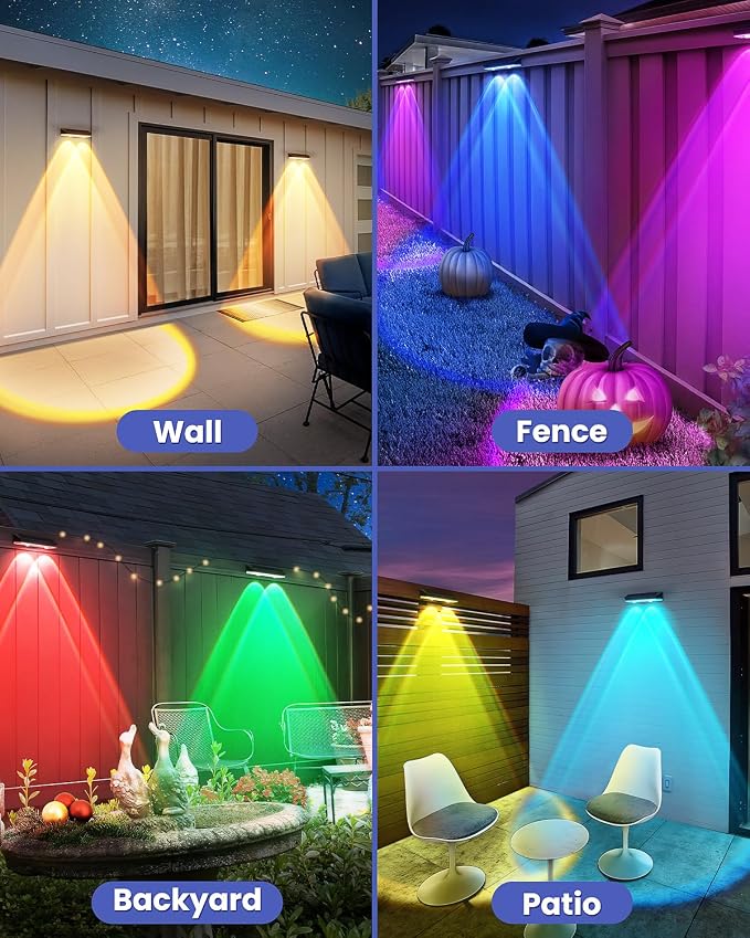 Solar Fence Lights Outdoor, 20 Pack Warm White/RGB Fence Solar Lights with 2 LED, IP65 Waterproof, Backyard Patio Decor for Deck, Wall, Railing, Pool, Stair