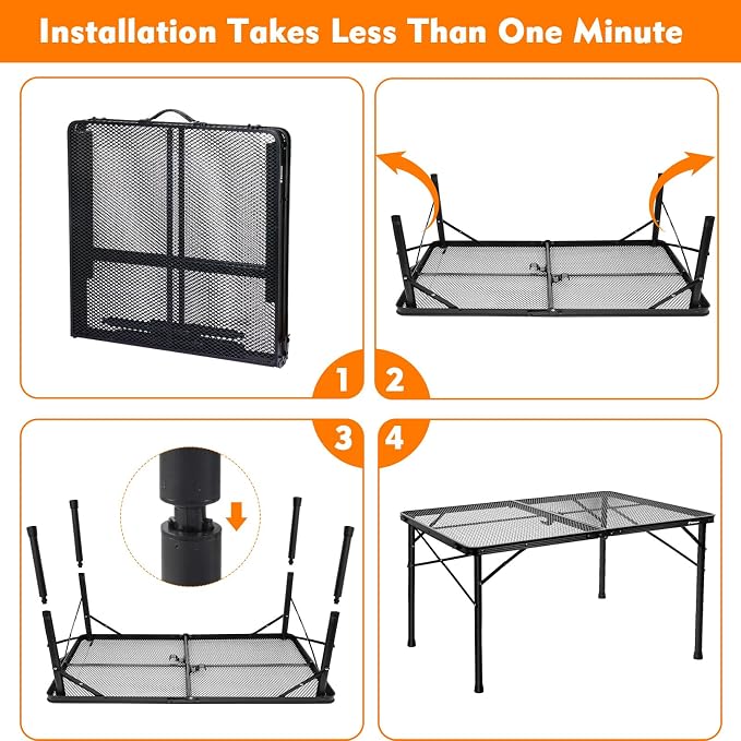 4 ft Folding Table with Metal Mesh Desktop, Grill Table Camping Table with Carry Handle,Adjustable Height (16.5" & 26"), Outdoor Table for Camp, Cooking, BBQ, RV, Picnic,Fits 4–8 People,Black