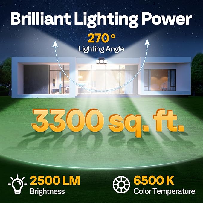 VIVOHOME Linkable Solar Flood Lights Outdoor 3 Packs, Dual Motion Sensor | Solar Lights Outdoor with 3 Heads, 2500LM, IP65 Waterproof, Solar Powered Security Lights for Outside, Yard, Porch, Patio