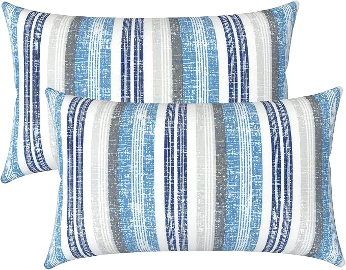 LVTXIII Outdoor/Indoor Lumbar Pillows, Decorative Patio Lumbar Cushions, Fluffy Fade Resistant Throw Pillow Cushions for Home Patio Coach Sofa, 12×20 Inch, Pack of 2, Stripe Layered Blue