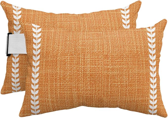 Orange Outdoor Lumbar Pillows 11x16 Set of 2, Fall Rustic Farmhouse Minimalist Striped Texture Waterproof Throw Pillow Covers with Insert, Decorative Pillowcase Cushion for Couch Sofa Bed