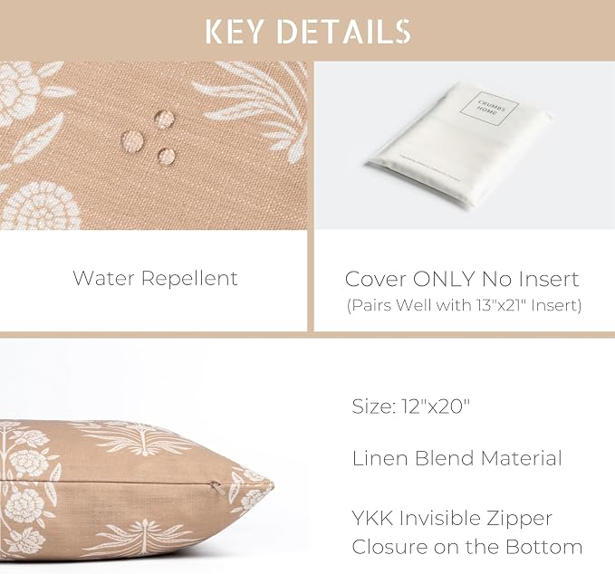 Modern Farmhouse California Casual Indoor Outdoor Lumbar Pillow Cover, 12"x20" Water Repellent for Patio, Backyard, Couch, Poolside, Ivory Cream Tan Print Floral