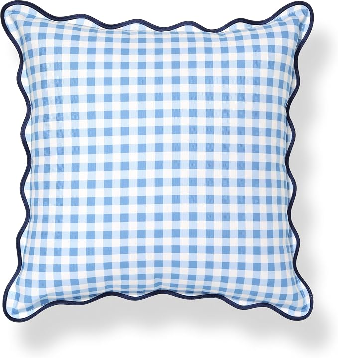 Hofdeco Premium Coastal Hampton Scalloped Patio Indoor Outdoor Throw Pillow Cover Only, 20"x20" Water Repellent for Backyard, Couch, Poolside, Azure Blue Navy Print Gingham