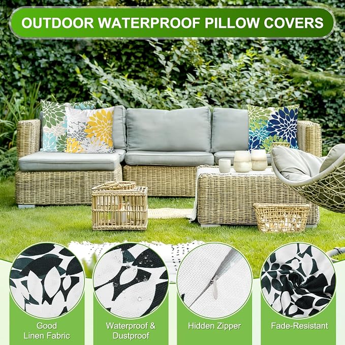 M METERXITY 2-Pack Pillow Cover 20x20 Linen, Black White | Water Resistant Floral Decor Slipcover, for Patio, Balcony, Garden, Outdoor Pillow Case