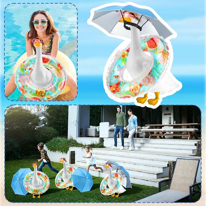 Outus Funny Summer Porch Goose Outfits Set Includes Color Swimming Ring and Umbrella Goose Porch Clothing for Outdoor Swimming Pool Garden Yard Patio Lawn Statue