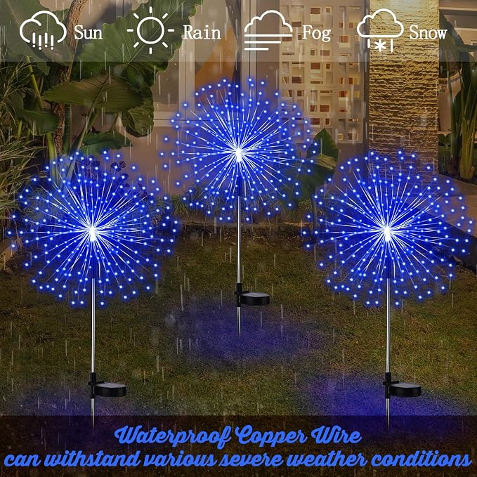 Tujoe Halloween Decoration Outdoor 4 Pack Solar Firework Light with 180 LED Halloween Solar Lights 8 Lighting Modes for Yard Garden Pathway Party Decoration(Blue)
