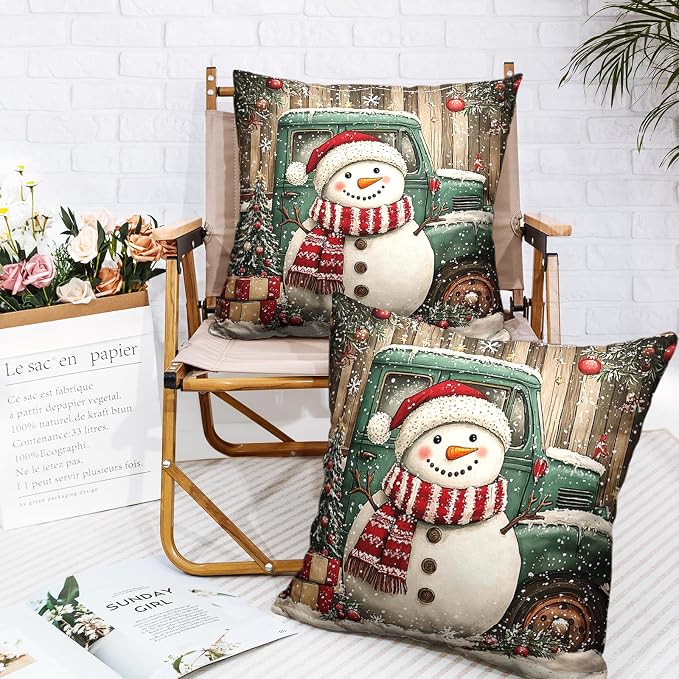 Christmas Snowman Pillow Covers 18x18 Set of 2 Green Xmas Truck Throw Pillow Covers Wooden Pattern Background Pillowcase Winter Holiday Cushion Case for Living Room Sofa Couch