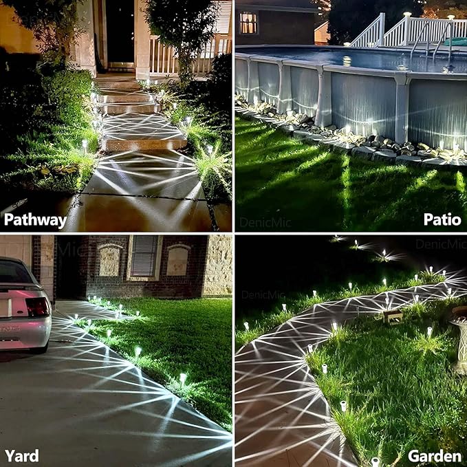 DenicMic Solar Pathway Lights Outdoor Waterproof Cold White LED 15 Pack | Yard Garden Driveway Walkway Landscape Path Lights, Starburst Pattern, Acrylic Diamond-like Lampshade Stainless Steel Pole