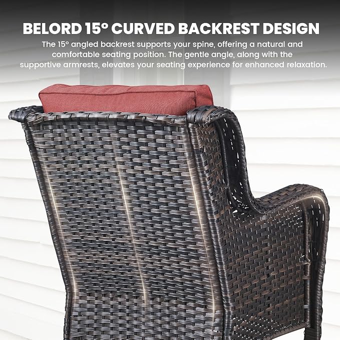 Belord Outdoor Furniture Set Patio Wicker Chairs, 3 Peices Porch Rattan Furniture with Side Table, Deep Seating Patio Bistro Chair Sets (Red Cushion)