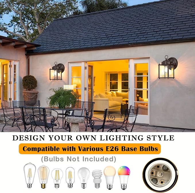 Outdoor Wall Light, Porch Lamp, Rustproof Waterproof, Bronze | Exterior Wall Sconce Fixture for House, Garage, Patio, Metal Housing with Glass, E26 Base, 4 Pack