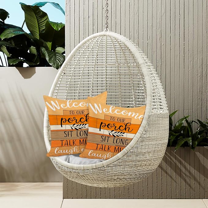 Welcome to Our Porch Fall Outdoor Pillow Covers 18x18 Inch Set of 2 Waterproof Tiered Wood Texture Quotes Throw Pillow Covers for Patio Furniture Fall Decor