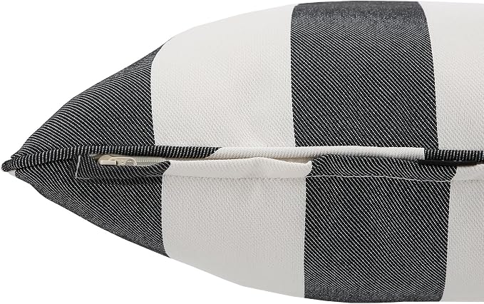 Outdoor Throw Pillow with Insert 18x18 Inch, Set of 2, Piping Edge Waterproof Fade Resistant Decorative Fluffy Pillows for Patio Furniture Chair Bench Couch Sofa - Black Ivory Striped