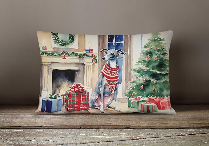 Caroline's Treasures DAC2680PW1216 Italian Greyhound Cozy Christmas Throw Pillow Machine Washable, Indoor Outdoor Decorative Pillow for Couch, Bed or Patio, 12HX16W