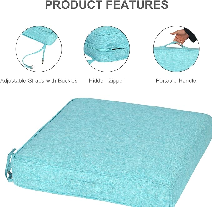Aoodor Patio Chair Cushions Set of 2, 19 x 19 x 4 Inch Water Resistant Outdoor Seat Cushions with Handle and Ties, Square Corner Cushions for Patio Furniture Garden Lawn, Teal