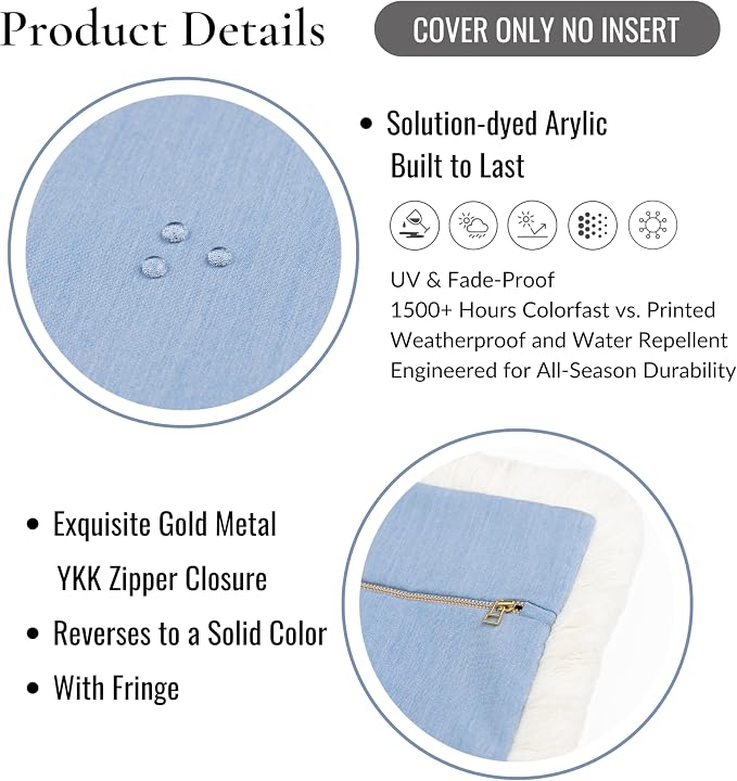 Hofdeco Premium Coastal Hampton Outdoor Performance Lumbar Pillow Cover Only, 12"x20" Water Repellent, UV and Fade Resistant for Backyard, Couch, Poolside, Azure Blue Woven Solid