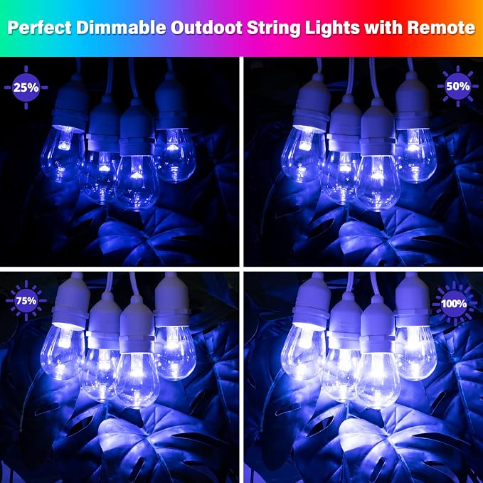 Multicolor 48FT LED Outdoor Patio String Lights with Remote, White | Plug in, 8 Lighting Modes, 15+2 S14 RGB Edison Bulbs, Dimmable, Shatterproof, Waterproof, Linkable, for Wedding Birthday Yard