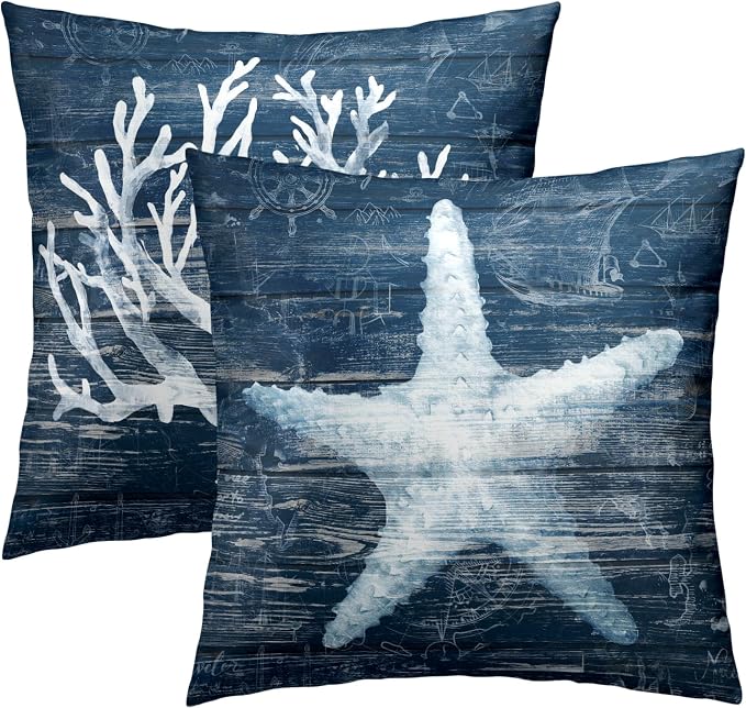 Nautical Coral Starfish Pillow Covers 20x20 Inch, Set of 2 Summer Coastal Beach Navy Blue Wood Cotton Square Pillowcases for Couch Bed Sofa Ocean Themed Seasonal Decoration