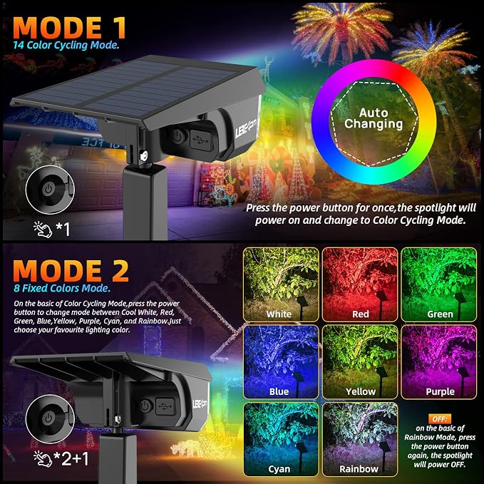 LEREKAM Color Solar Lights Outdoor Waterproof Spotlights with 9 Light Modes, Color Changing Solar Outdoor Lights for Decorate Festivals, Colored Solar Spot Lights Auto On/Off, RGBW 6 Pack