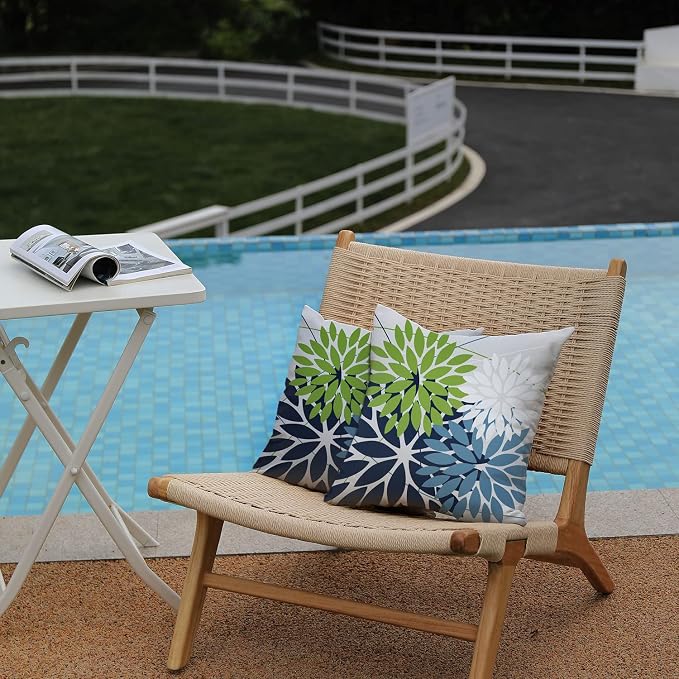 DFXSZ Pack of 2 Outdoor Waterproof Throw Pillow Covers 20x20 Green Blue | Polyester Colorful Spring Summer Floral Decorative Cushion Cases(NO INSERT),For Couch Patio Funiture Garden Home Decor
