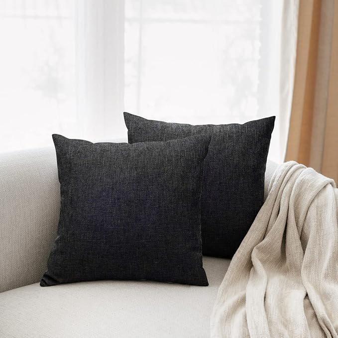 All Smiles Black Throw Pillow Covers 18x18 Set of 2 Solid Decorative Cushion Cases Linen Décor Home Decorations Indoor Outdoor for Bed Sofa Couch Patio Living Room Bedroom