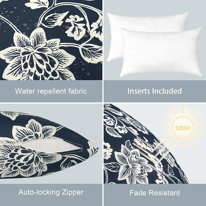 LVTXIII Outdoor/Indoor Lumbar Pillows, Decorative Patio Lumbar Cushions, Fluffy Water Repellent Garden Cushions for Home Patio Coach Sofa Use, 12×20 Inch, Pack of 2, Elegant Vines Navy