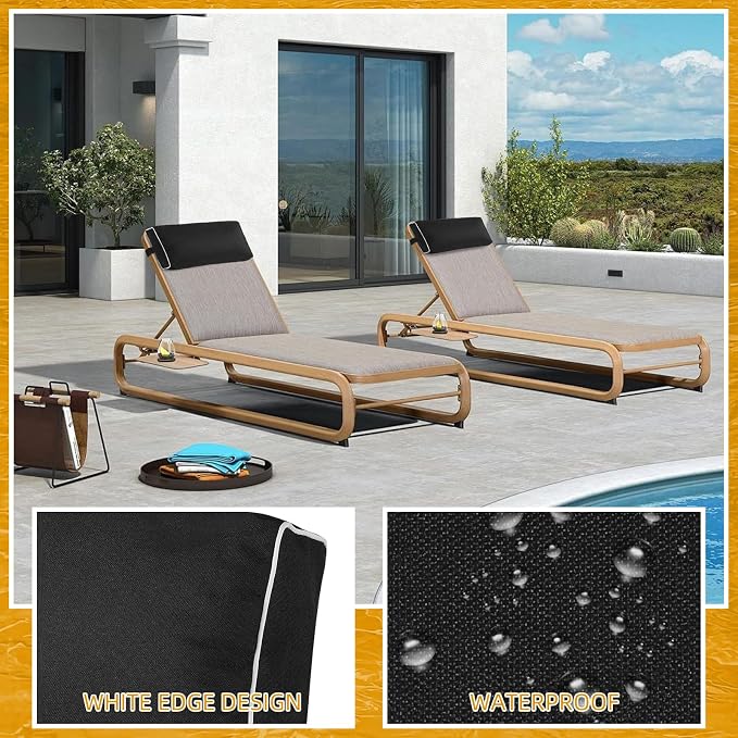 2 Pack Outdoor Chaise Lounge Head Pillow, Patio Pool Chair Pillows Water Resistant Headrest Pillow Lumbar Pillows with Insert and Adjustable Elastic Strap for Recliner Beach Chair, Black