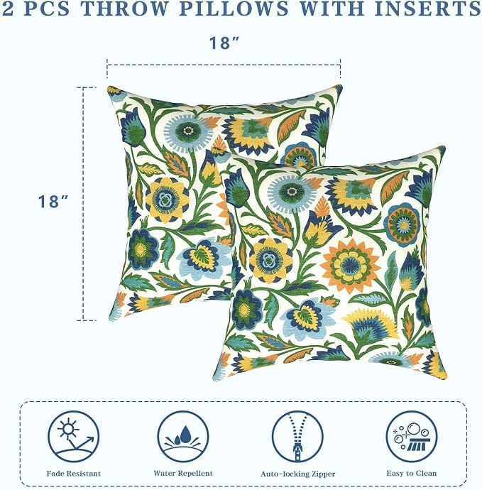 LVTXIII 2 Pack Outdoor Pillows 18x18 Inch, Square Throw Pillows with Inserts, Decorative Water-Repellent Pillow Cushions for Patio Furniture and Garden Sofa, Fiesta Floral