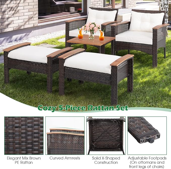 HAPPYGRILL 5 Piece Patio Rattan Sofa Set Outdoor Wicker Conversation Set with 2 Chairs, 2 Ottomans & Coffee Table, All-Weather Wicker Sofa Set for Poolside Backyard