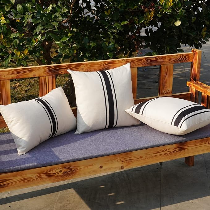 ONWAY Outdoor Pillow Covers Waterproof 20x20 Set of 2 Decorative Linen Throw Pillow Cover Beige and Black Striped Outdoor Pillows for Patio Furniture