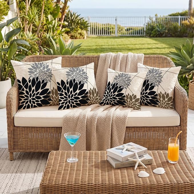 OTOSTAR Outdoor Black Gray Pillow Covers 20x20 Inch Set of 2 White Flower Throw Pillows Farmhouse Geometric Dahlia Floral Square Cushion Case Waterproof Decor for Sofa Patio Funiture Garden