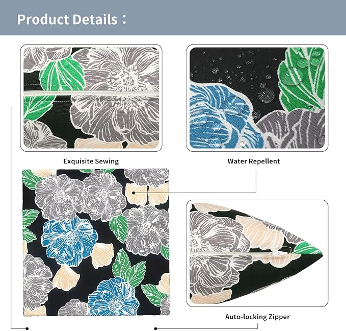 Outdoor Pillow Covers Waterproof 20x20 Inch Set of 2 Peony Garden Decorative Outside Patio Furniture Cushion Cases Decor for Porch Garden