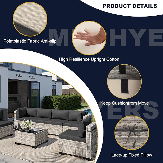 7-Piece Outdoor Patio Furniture Set, PE Wicker Rattan Sectional Sofa Conversation Set with Tempered Glass Table & Thick Cushions - All-Weather Garden, Backyard Furniture, Dark Grey