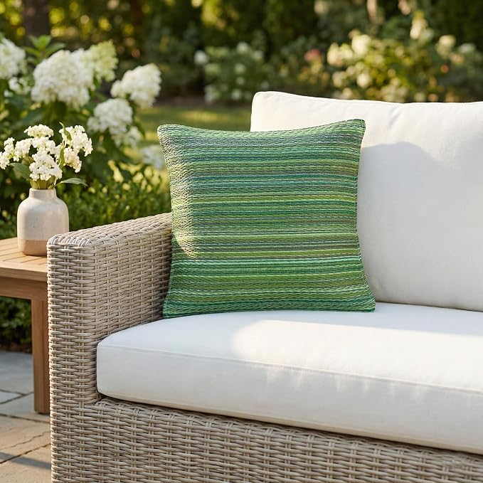 Fab Habitat Outdoor Premium Recycled Plastic Pillow - Waterproof, Fade Resistant - Striped - Patio, Porch, Deck, Balcony - Cancun - Green - 20" x 20"