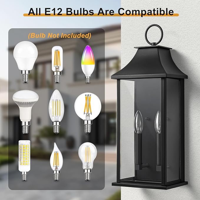 Outdoor Wall Lights, Dusk to Dawn Waterproof Outside Wall Sconce | Large Modern Wall Fixture with Glass, Exterior Lamp for House, Porch, Garage, 2-Light (20.6 Inch, Black)