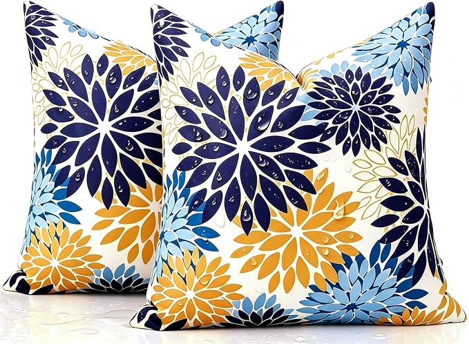 Set of 2 Dahlia Throw Pillow Covers Blue and Yellow Decorative Cushion Covers 16×16 Inches Outdoor Waterproof Pillowcases Blue and Yellow for Living Room Patio Garden