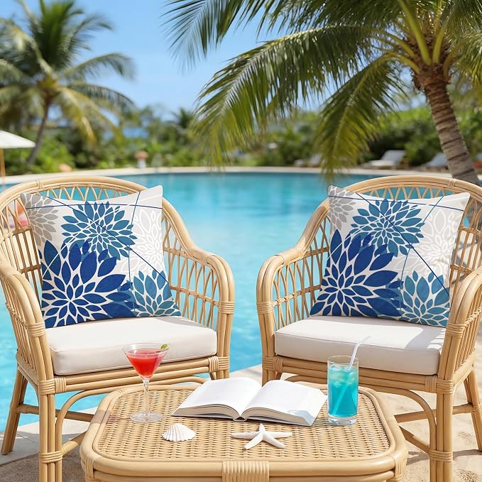 OTOSTAR Outdoor Blue Pillow Covers 20x20 Inch Set of 2 Beige White Flower Throw Pillows Farmhouse Geometric Dahlia Floral Square Cushion Case Waterproof Decor for Sofa Patio Funiture Garden