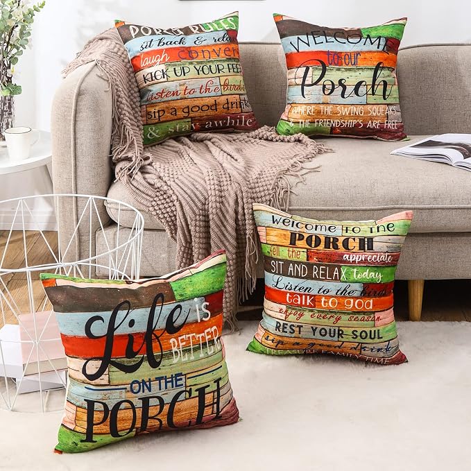 JOJOGOGO Patio Decor Outdoor Porch Pillow Covers 18x18 Waterproof, Set of 4 | No Inserts, Porch Pillows Outdoor Waterproof, Outdoor Patio Furniture Pillows, Colorful Porch Pillows, Weather Resistant