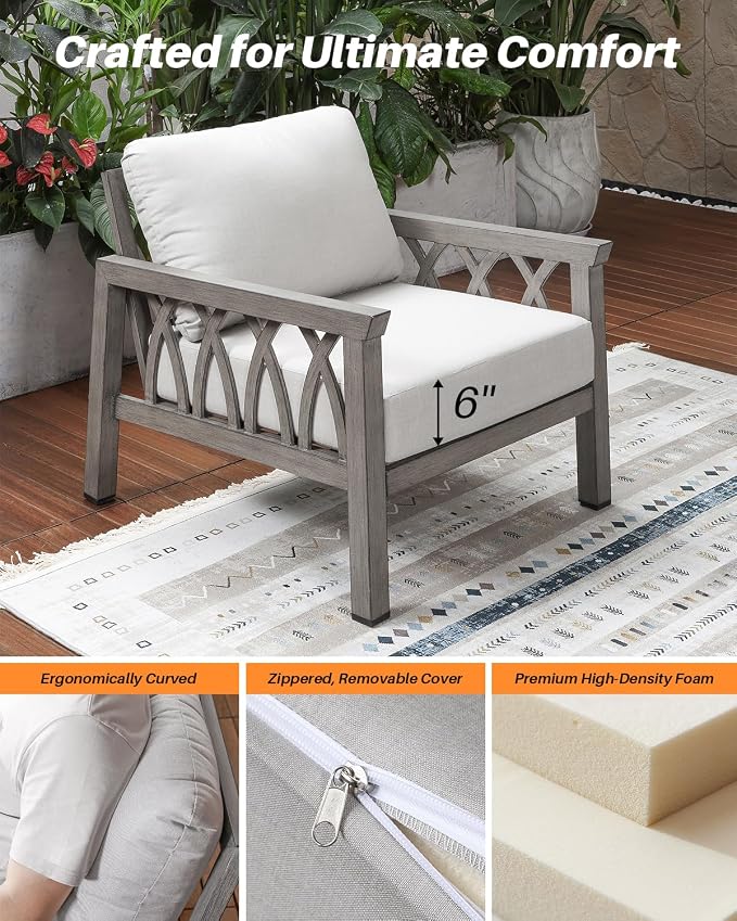 Aluminum Outdoor Sofa Chair, Modern Patio Sofa Armchair with Washable Cushions, Weather-Resistant Outdoor Club Chair, Patio Armchair Furniture for Garden, Deck, Porch, Limed Oak
