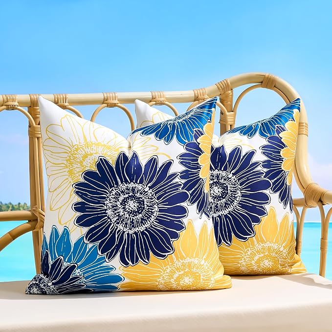 Decorative Floral Throw Pillow Covers Outdoor Waterproof Blue Yellow Sunflower Pillow Covers 16x16 Set of 2 Square Summer Garden Cushion Throw Pillowcase for Patio Furniture Garden Tent Balcony Bench