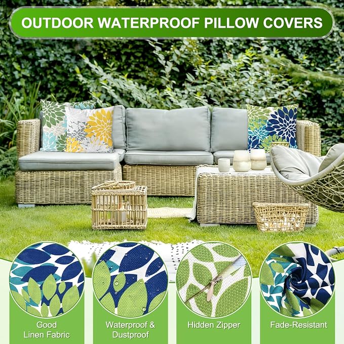 M METERXITY 2-Pack Pillow Cover 16x16 Linen, Blue Green | Water Resistant Floral Decor Slipcover, for Patio, Balcony, Garden, Outdoor Pillow Case