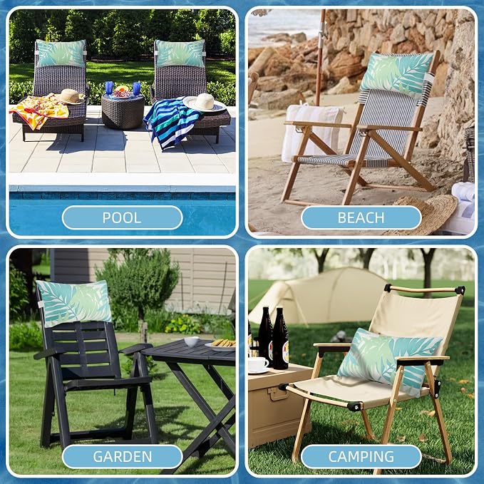 Outdoor Pillow for Chaise Lounge Chair, 2pcs Chaise Lounge Pillows Lumbar Pillows with Insert and Adjustable Elastic Strap for Patio Beach Office Chair, Green Leave