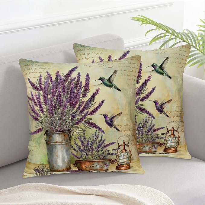 Lavender Pillow Covers Purple Flower Rustic Pillow Covers 16x16 Set of 2 Lavender Hummingbird Pillow Case Spring Vintage Cotton Linen Cushion Case for Garden Farmhouse Patio