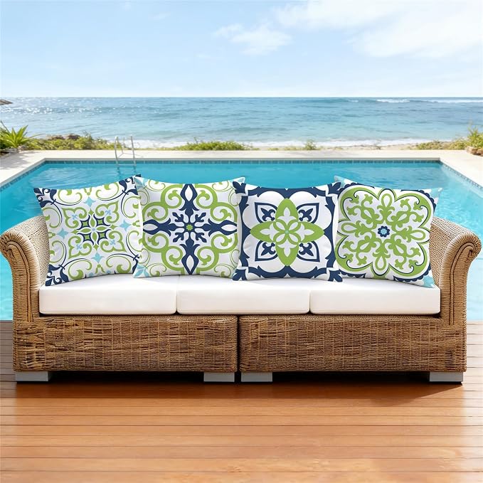 NIGHTWISH Outdoor Waterproof Pillow Covers 20x20 Set of 4 Green Boho Decorative Outdoor Throw Pillows Floral Cushion Cases for Patio Furniture Bench Couch Sunbrella