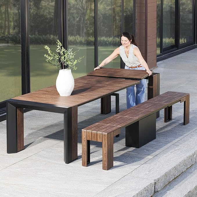 Transformer Table - Extendable Outdoor Dining Set up to 12 Seats, Expandable Patio Table, Weather-Resistant Patio Furniture, Outdoor Furniture, Dark Walnut, Brown (Table + Bench)
