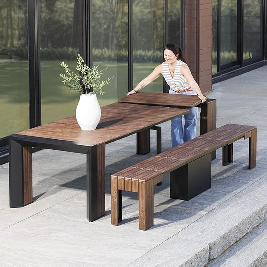 Transformer Table - Extendable Outdoor Dining Set up to 12 Seats, Expandable Patio Table, Weather-Resistant Patio Furniture, Outdoor Furniture, Dark Walnut, Brown (Table + Bench)