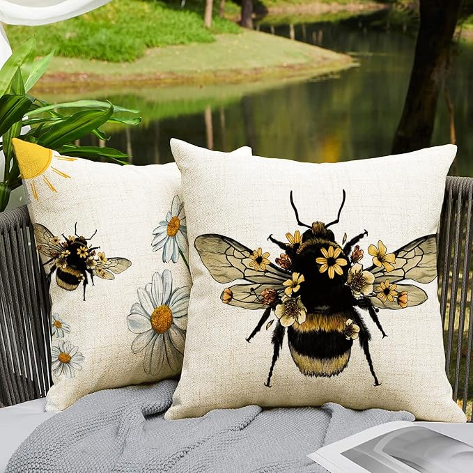 Outdoor Bee Pillow Covers Waterproof Furniture Decor Patio Garden Bee Decorations for Home Outside Chair Cushions Throw Pillows 18x18 Inch Set of 4 Decorative for Couch Sofa ﻿