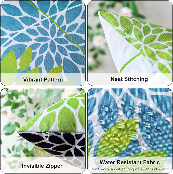 OTOSTAR Outdoor Green Blue Pillow Covers 20x20 Inch Set of 2 Dark Blue Flower Throw Pillows Farmhouse Geometric Dahlia Floral Square Cushion Case Waterproof Decor for Sofa Patio Funiture Garden