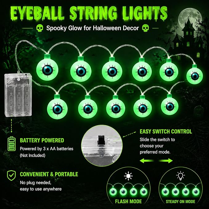 Crazy Night Halloween String Lights 10Ft 20 LEDs Battery Operated Green Eyeball Lights with Steady Flashing Modes Halloween Party Decor